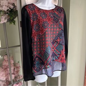 DESIGUAL Patchwork Flowy Blouse Top Tunic Layered Front Long Sleeve Size Small